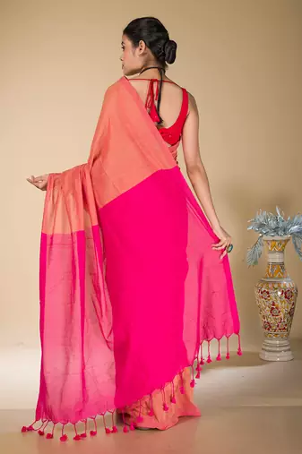 Orange and fuchsia plain pure cotton saree