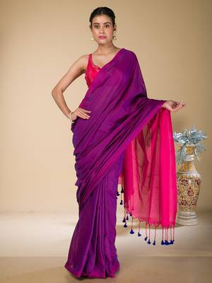 Purple plain cotton saree with pink pallu 1