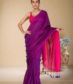 Purple plain cotton saree with pink pallu