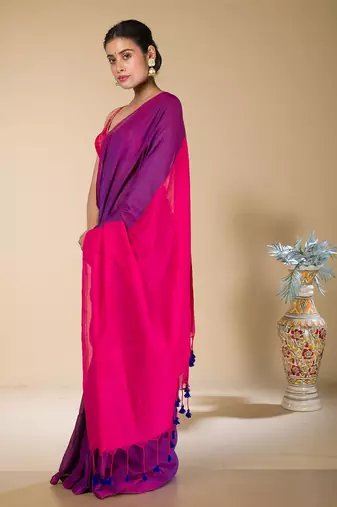 Purple plain cotton saree with pink pallu