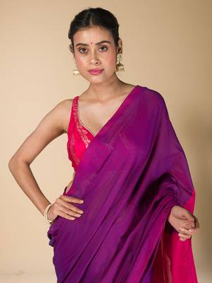 Purple plain cotton saree with pink pallu 3
