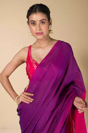 Purple plain cotton saree with pink pallu