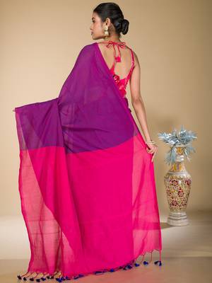 Purple plain cotton saree with pink pallu 4