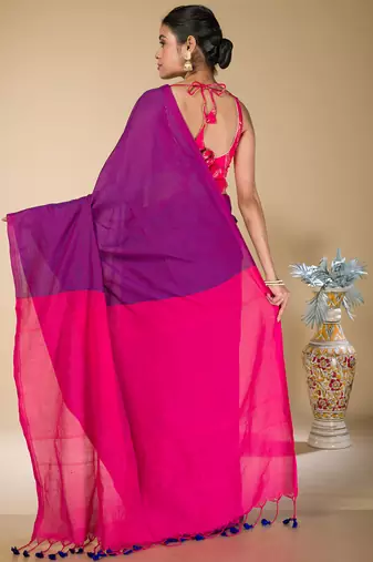 Purple plain cotton saree with pink pallu