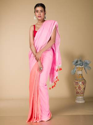 Baby pink and orange half half cotton saree 1