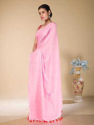 Baby pink and orange half half cotton saree 3