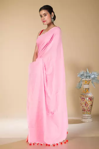 Baby pink and orange half half cotton saree