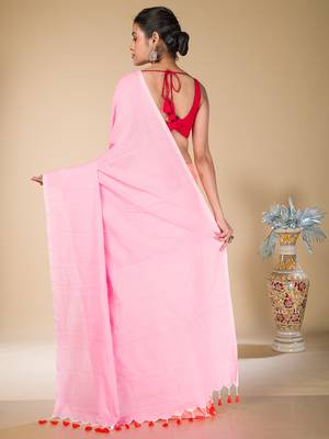 Baby pink and orange half half cotton saree 4