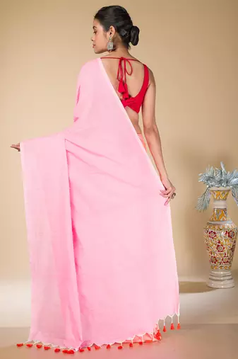 Baby pink and orange half half cotton saree