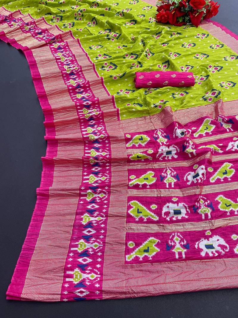  Lime Yellow Beautiful Crushed dola silk Saree with foil work 