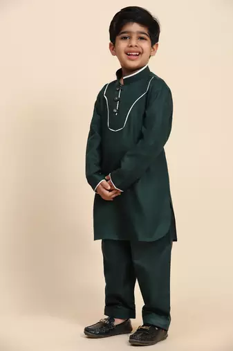 Dark green pathani cotton kurta pajama set for boys party,wedding outfits