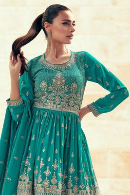 Heavy designer embroidered rama colour ghaghra kameez dress for designer wedding looks 2