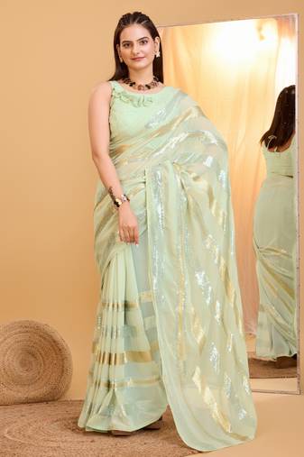 Amazingly Pista Trending Sequins Work Designer Partywear Saree