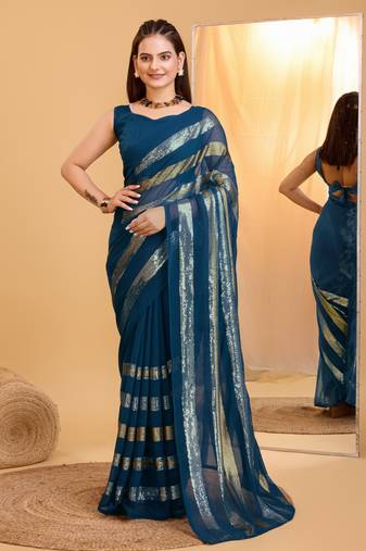 Amazingly Teal Blue Trending Sequins Work Designer Partywear Saree