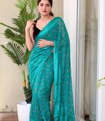 Functional designer sartin patta with georgette teal saree