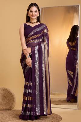 Amazingly Wine Trending Sequins Work Designer Partywear Saree 1