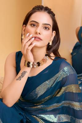Amazingly Teal Blue Trending Sequins Work Designer Partywear Saree 3