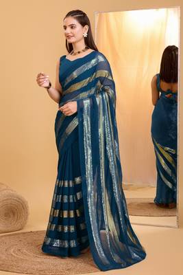 Amazingly Teal Blue Trending Sequins Work Designer Partywear Saree 4