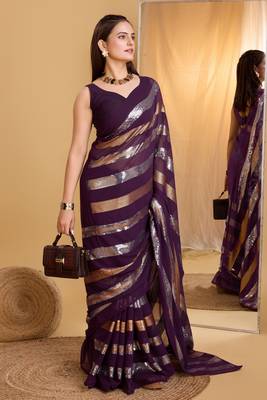 Amazingly Wine Trending Sequins Work Designer Partywear Saree 4