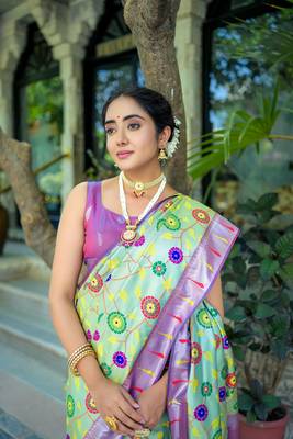 Sea Green Ethnic Woven Paithani Meenakari Work Banarasi silk blend Saree 2
