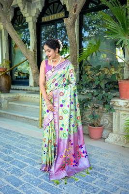 Sea Green Ethnic Woven Paithani Meenakari Work Banarasi silk blend Saree 3