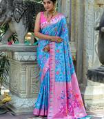 Turquoise Ethnic Woven Paithani Meenakari Work Banarasi silk blend Saree
