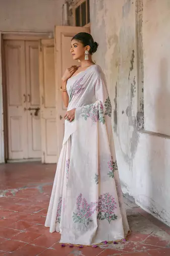 White Floral Print Muga Cotton Saree