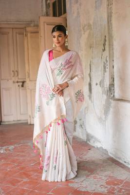 White Floral Print Muga Cotton Saree 1