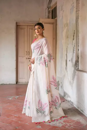 White Floral Print Muga Cotton Saree
