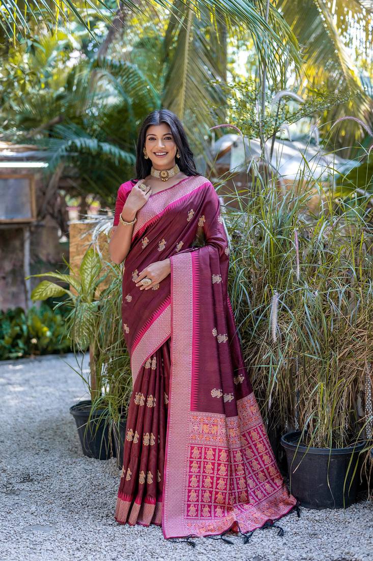 Mahroon colour ethnic handloom raw silk saree for ethnic rich looks