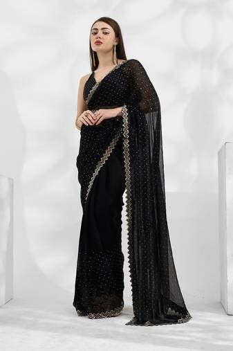  Black Shimmer Chiffon c Designer Girlish Heavy Partywear Saree