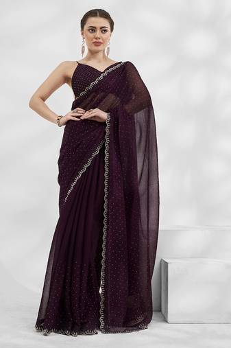 Wine Shimmer Chiffon c Designer Girlish Heavy Partywear Saree