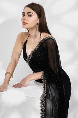  Black Shimmer Chiffon c Girlish Heavy Partywear Saree 3