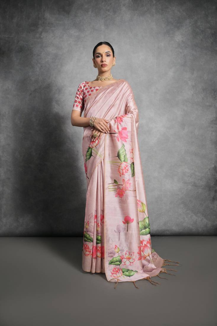 Pink colour designer digital lotus printed tussar silk saree