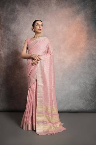  Pink Resham Silk Blend Saree With Woven Jari Designer Work