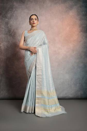  Sky Blue Resham Silk Blend Saree With Woven Jari Designer Work