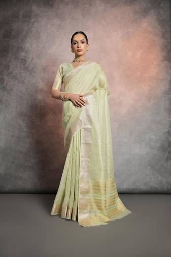 Pista Resham Silk Blend Saree With Woven Jari Designer Work