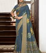 Girlish slate blue colour wevon border saree with designer printed looks