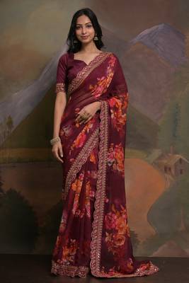 Wine Smart Floral Print Ethnic Festive Saree 1