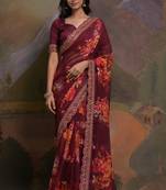 Wine Smart Floral Print Ethnic Festive Saree
