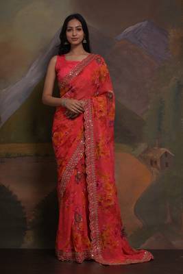 Pink Smart Floral Print Ethnic Festive Saree 1