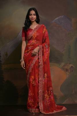 Red Smart Floral Print Ethnic Festive Saree 1