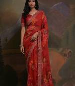 Red Smart Floral Print Ethnic Festive Saree