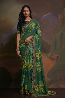 Green Smart Floral Print Ethnic Festive Saree 1