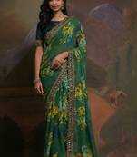 Green Smart Floral Print Ethnic Festive Saree