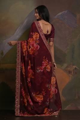 Wine Smart Floral Print Ethnic Festive Saree 2