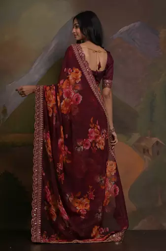 Wine Smart Floral Print Ethnic Festive Saree