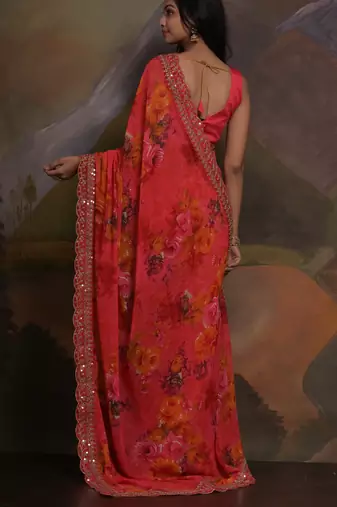 Pink Smart Floral Print Ethnic Festive Saree
