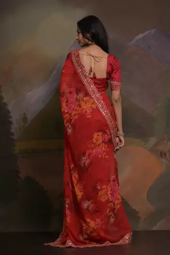 Red Smart Floral Print Ethnic Festive Saree