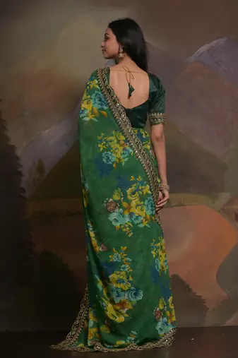 Green Smart Floral Print Ethnic Festive Saree